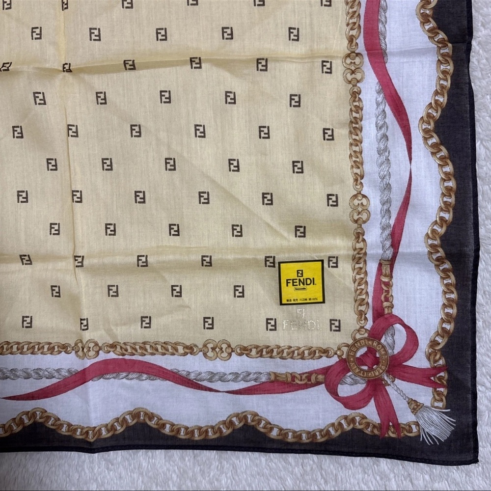 FENDI Cotton Scarf 17inches Chain Ribbon Logo Border Elegant - Picture 3 of 9